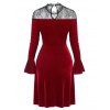 Lace Insert Velour Flare Sleeve Dress - RED M