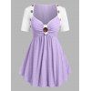 T-shirt Broderie Anglaise avec Bouton de Grande Taille en Blocs de Couleurs - Violet clair 2X