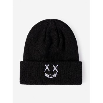 

Turn Up Edge Embroidery Smile Knit Hat, Black