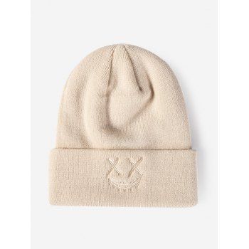 

Turn Up Edge Embroidery Smile Knit Hat, Warm white