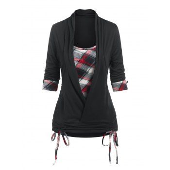 

Faux Twinset Plaid Cinched T-shirt, Black