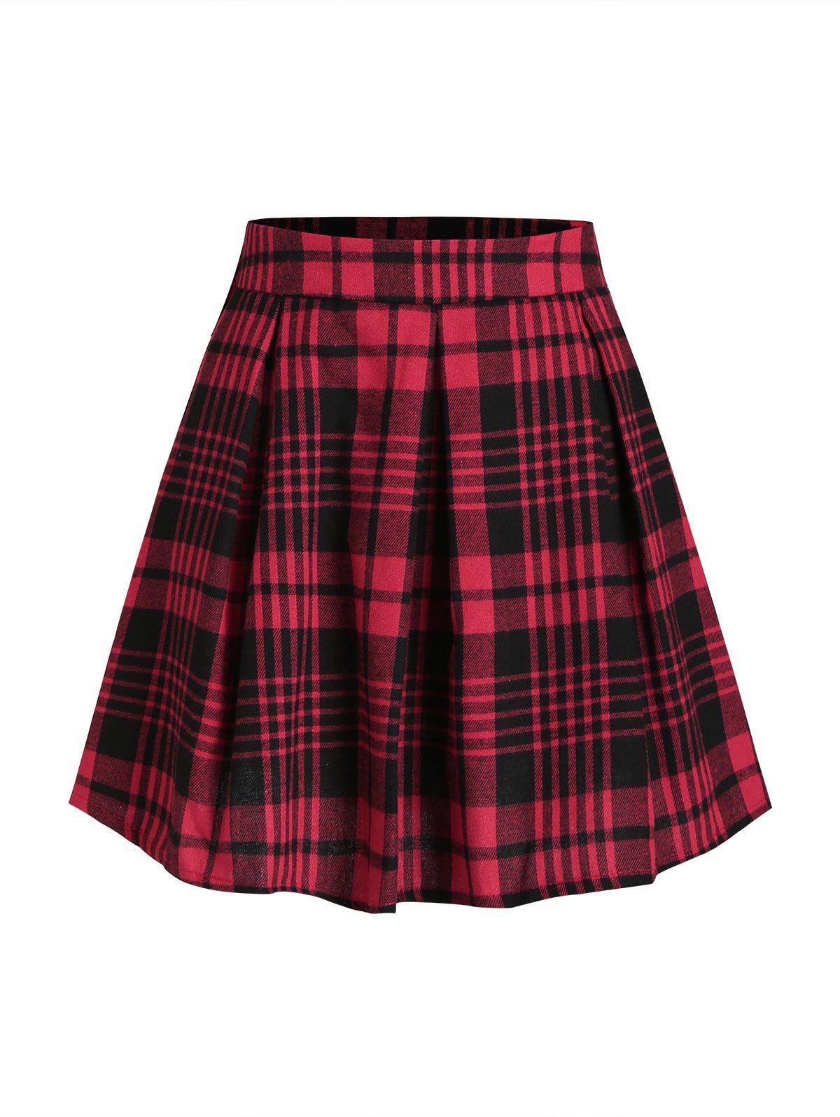 Plaid Pleated Detail Mini Skirt - RED XL