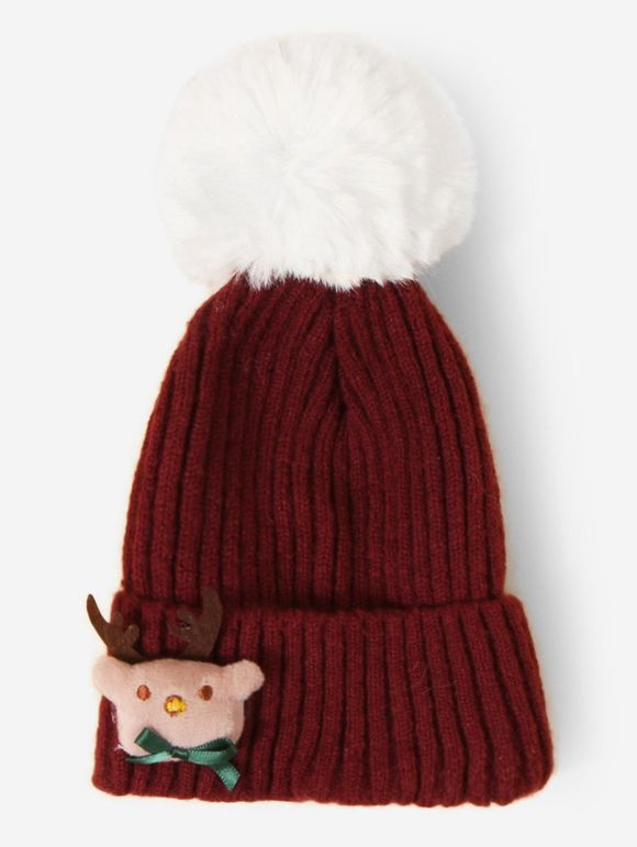 Chapeau Tricoté avec Pompon Design Élan de Noël - Rouge Vineux 
