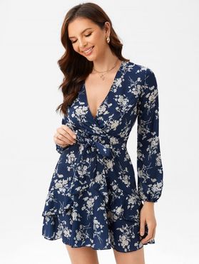 Allover Floral Print Surplice Plunging Overlap Flounce Belted Dress