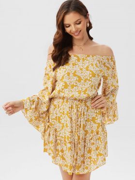 Floral Print Vacation Mini Dress Off The Shoulder Bell Sleeve Cottagecore Dress