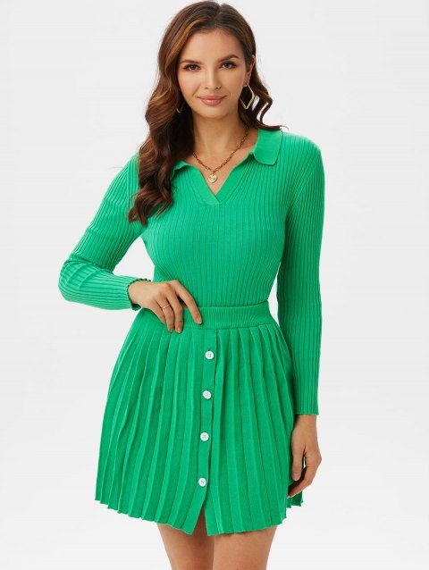 Ribbed V Notched Buttoned Pleated Skirt Set