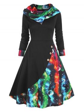 Galaxy Print Hooded Mock Button Dress