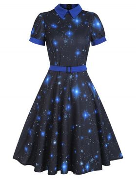 Belted Collared Galaxy Print Vintage Dress