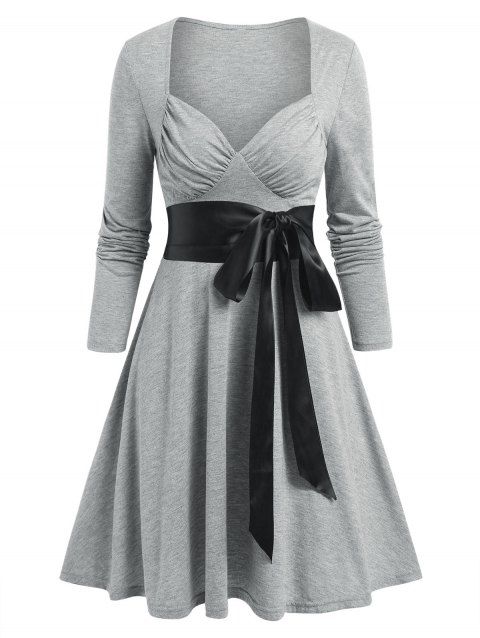 Ruched Bust Belted Bowknot Long Sleeve A Line Dress