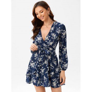 

Floral Flounce Belted Surplice Dress, Deep blue