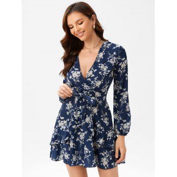 

Allover Floral Print Surplice Plunging Overlap Flounce Belted Dress, Deep blue