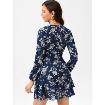 Allover Floral Print Surplice Plunging Overlap Flounce Belted Dress