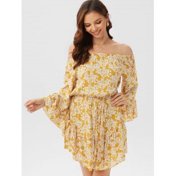 

Floral Print Vacation Mini Dress Off The Shoulder Bell Sleeve Cottagecore Dress, Yellow