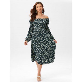

Ditsy Print Off Shoulder Poet Sleeve Dress, Deep blue