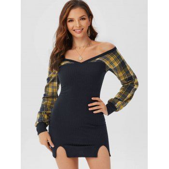 

Ribbed Plaid M Slit Bodycon Dress, Deep blue