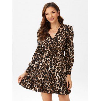 

Leopard V Neck Flounce Hem Dress, Coffee