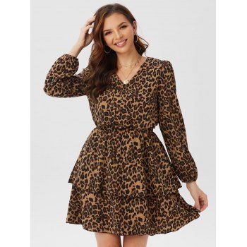 DressLily Women's Leopard V Neck Layered Dress