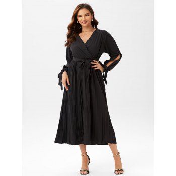 

Split Tie Sleeve Midi Surplice Dress, Black