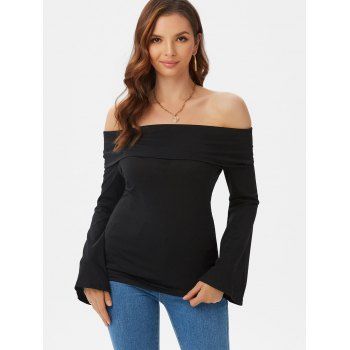 

Off The Shoulder Flare Bell Sleeve Fold Over T-shirt, Black