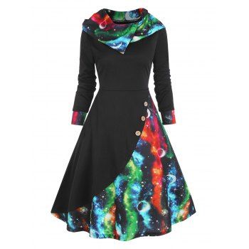 

Galaxy Print Hooded Mock Button Dress, Multicolor