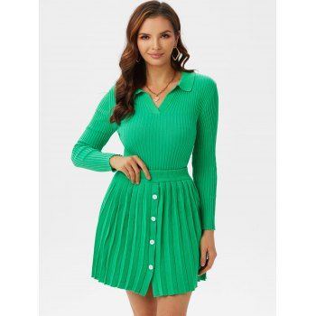 

Ribbed V Notched Buttoned Pleated Skirt Set, Green