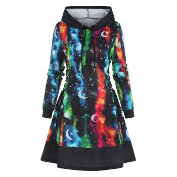 

Allover Galaxy Starry Print Lace Up Drawstring Hooded A Line Dress, Multicolor