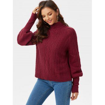 

Balloon Sleeve Mock Neck Jacquard Sweater, Deep red