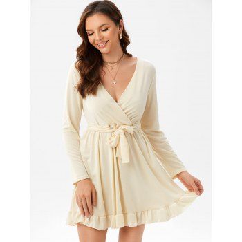 

Ruffle Hem Belted Mini Surplice Dress, Light yellow