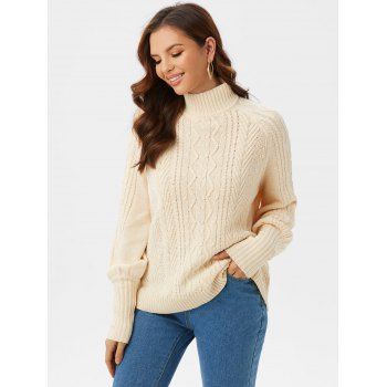 

Balloon Sleeve Mock Neck Jacquard Sweater, Warm white
