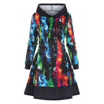 Allover Galaxy Starry Print Lace Up Drawstring Hooded A Line Dress