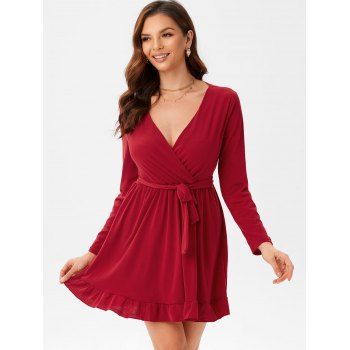 

Ruffle Hem Belted Mini Surplice Dress, Red