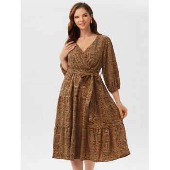 

Leopard Belted Surplice Tiered Dress, Coffee