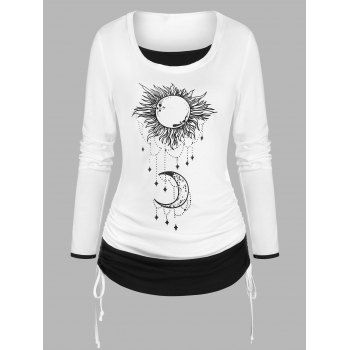 

Sun Moon Print Cinched Ruched Long Sleeves 2 in 1 T Shirt, White