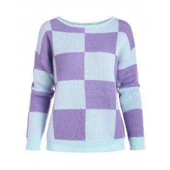 

Drop Shoulder Checkered Jumper Sweater, Light blue