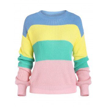 

Drop Shoulder Crew Neck Colorblock Stripes Sweater, Multicolor
