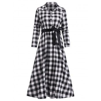 

Plaid Half Button Belted Midi Dress, Black