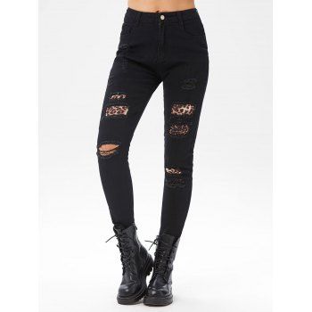 

Leopard Insert Distressed Skinny Jeans, Black