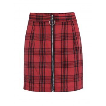 

Front Zip Plaid Mini Skirt, Red