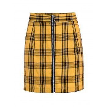 

Front Zip Plaid Mini Skirt, Yellow