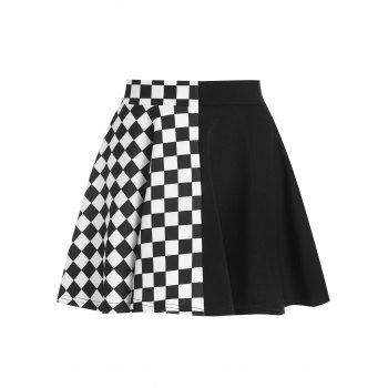 

Checkered Print Mini Circle Skirt, Black