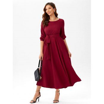 

Belted Lantern Sleeve Maxi Prom Dress, Deep red
