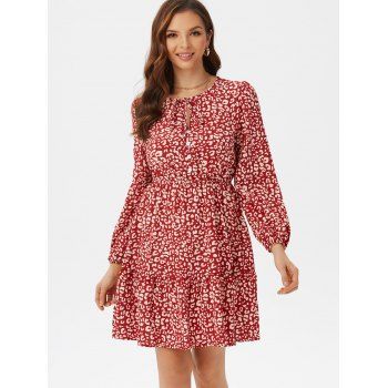 

Leopard Tied Lantern Sleeve A Line Dress, Red