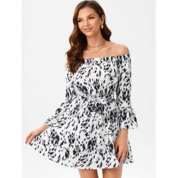 

Spotted Print Off Shoulder Long Sleeve Dress, White