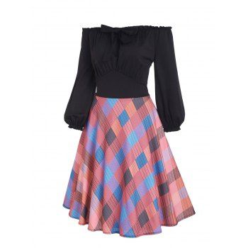 

Ruffle Off Shoulder Bowknot Plaid Dress, Multicolor