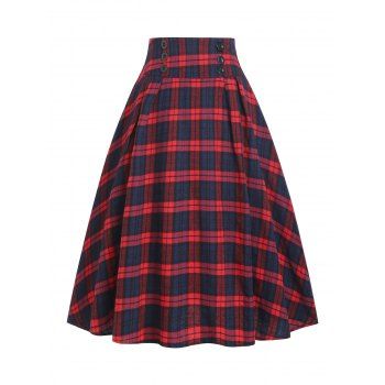 

Plaid Mock Button Midi Skirt, Red