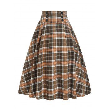 

Plaid Mock Button Midi Skirt, Coffee