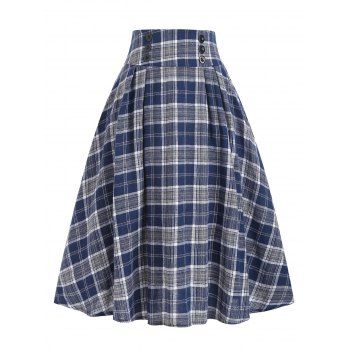 

Plaid Mock Button Midi Skirt, Blue