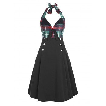 

Plaid Tied Mock Button Halter Dress, Blue