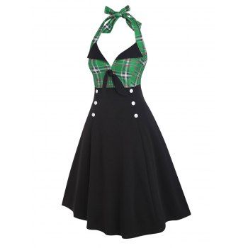 

Plaid Tied Mock Button Halter Dress, Green