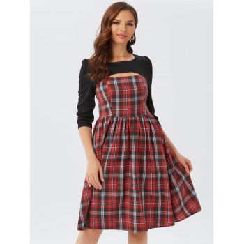 

Plaid Cut Out Three Quarter Sleeve Dress, Red